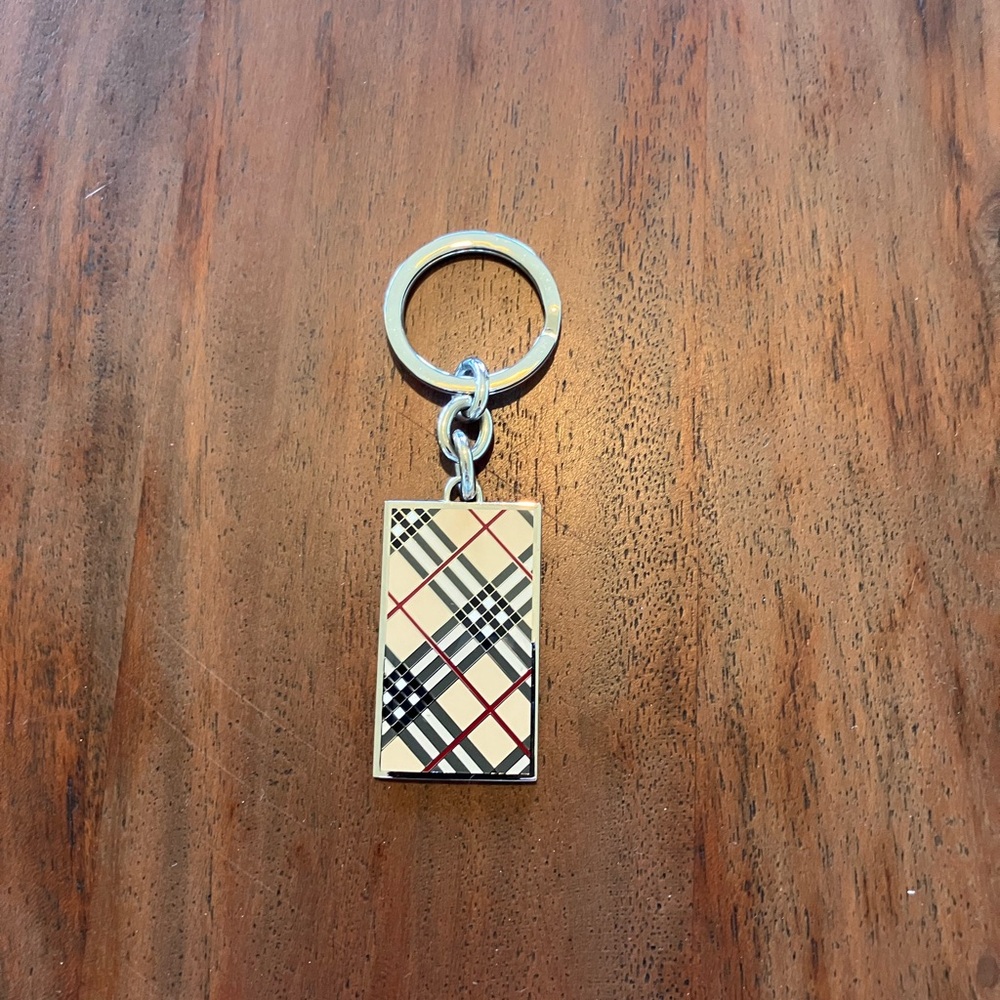 Burberry Beige Plaid Metal Keychain with Silver Hardware
